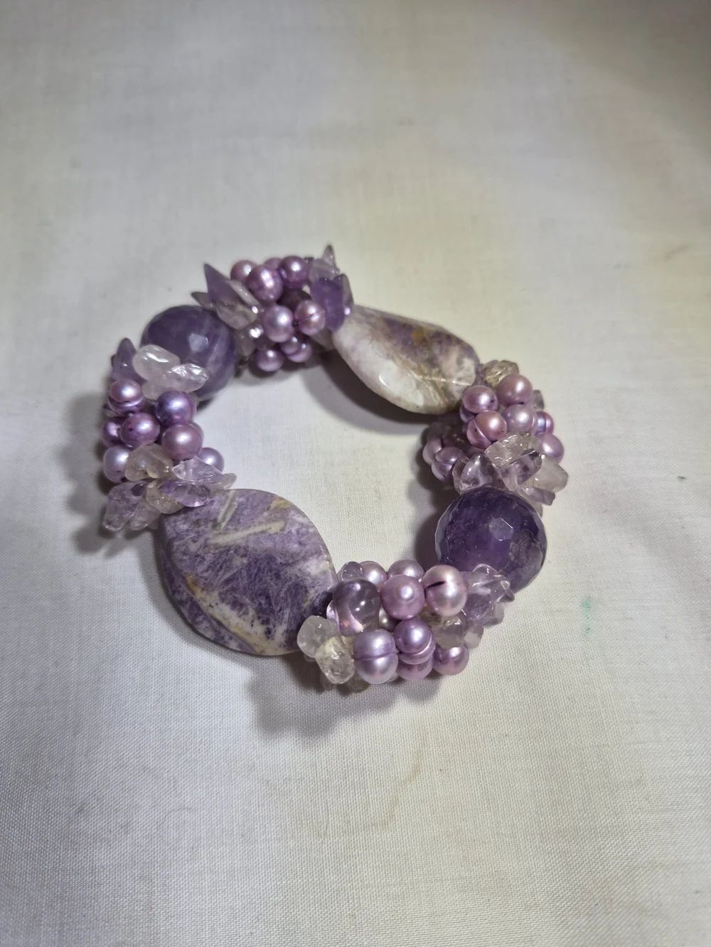Handmade Chunky Gemstone Bracelet Amethyst Charoite & Lavender Freshwater Pearl
